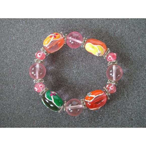 Colorful Beaded Stretch Bracelet  Floral Accents & Pink Beads Fits 6.5 Inches - Picture 1 of 3